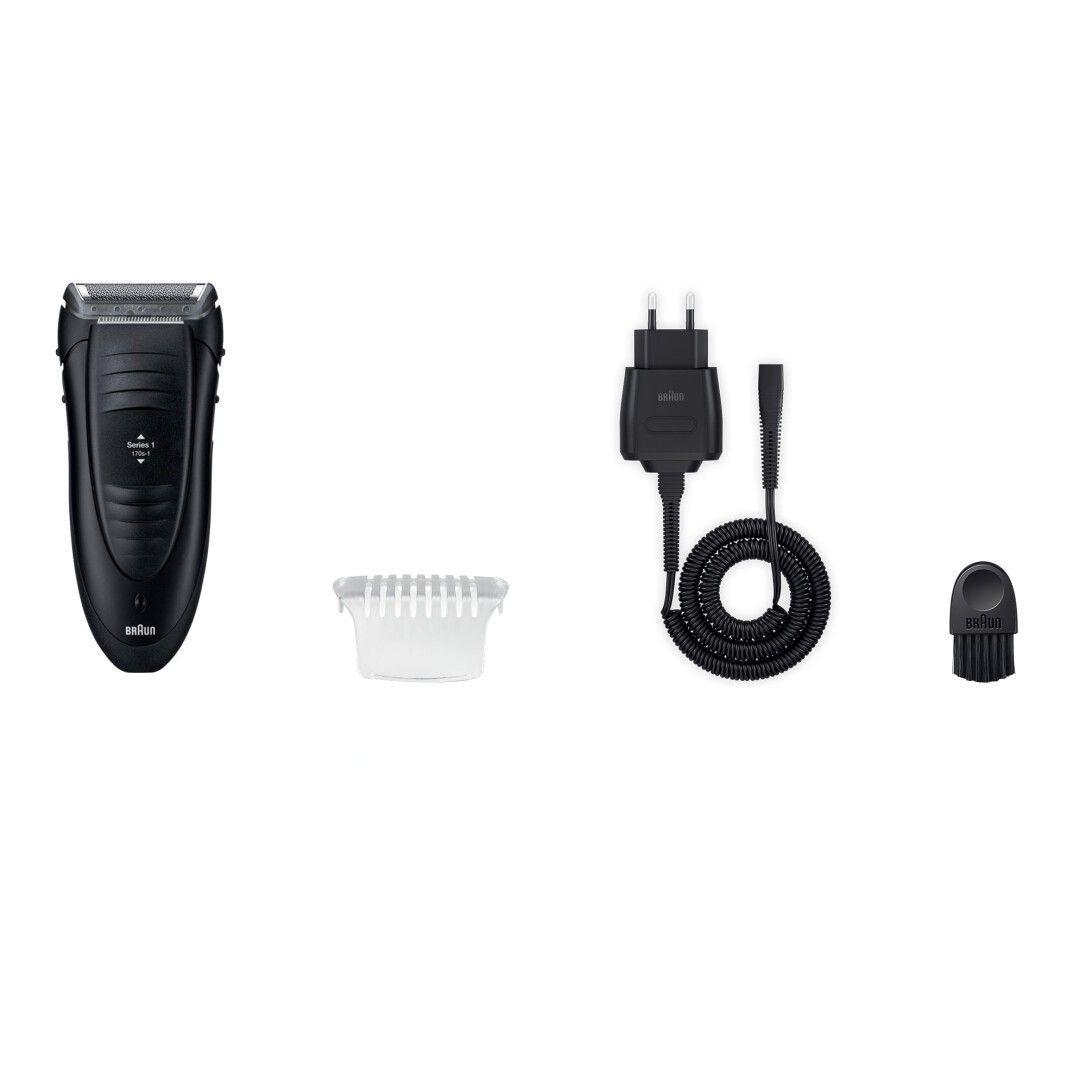 Rasoir électrique Braun Series 1 avec accessoires : câble de chargement, brosse de nettoyage et capuchon de protection.