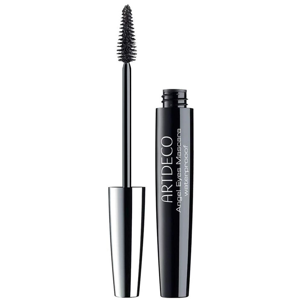 Zwarte mascara tube en borstel. Opschrift: ARTDECO Angel Eyes Mascara waterproof. Borstel met zilveren handvat.