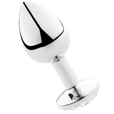 Een glanzende, zilverkleurige metalen anale plug met een brede, platte basis.