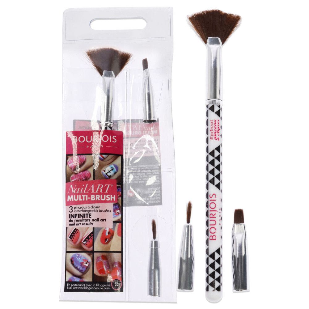 Kit Bourjois Nail Art Multi-Pinsel. Comprend un pinceau éventail, un pinceau fin et un stylo. Emballage avec illustrations.