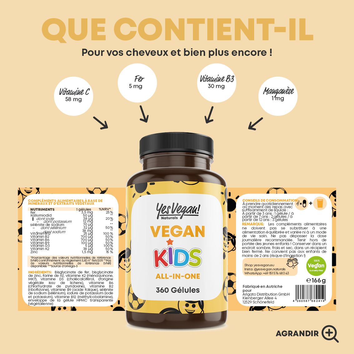 Bouteille avec informations nutritionnelles et vitamines, 360 gélules.