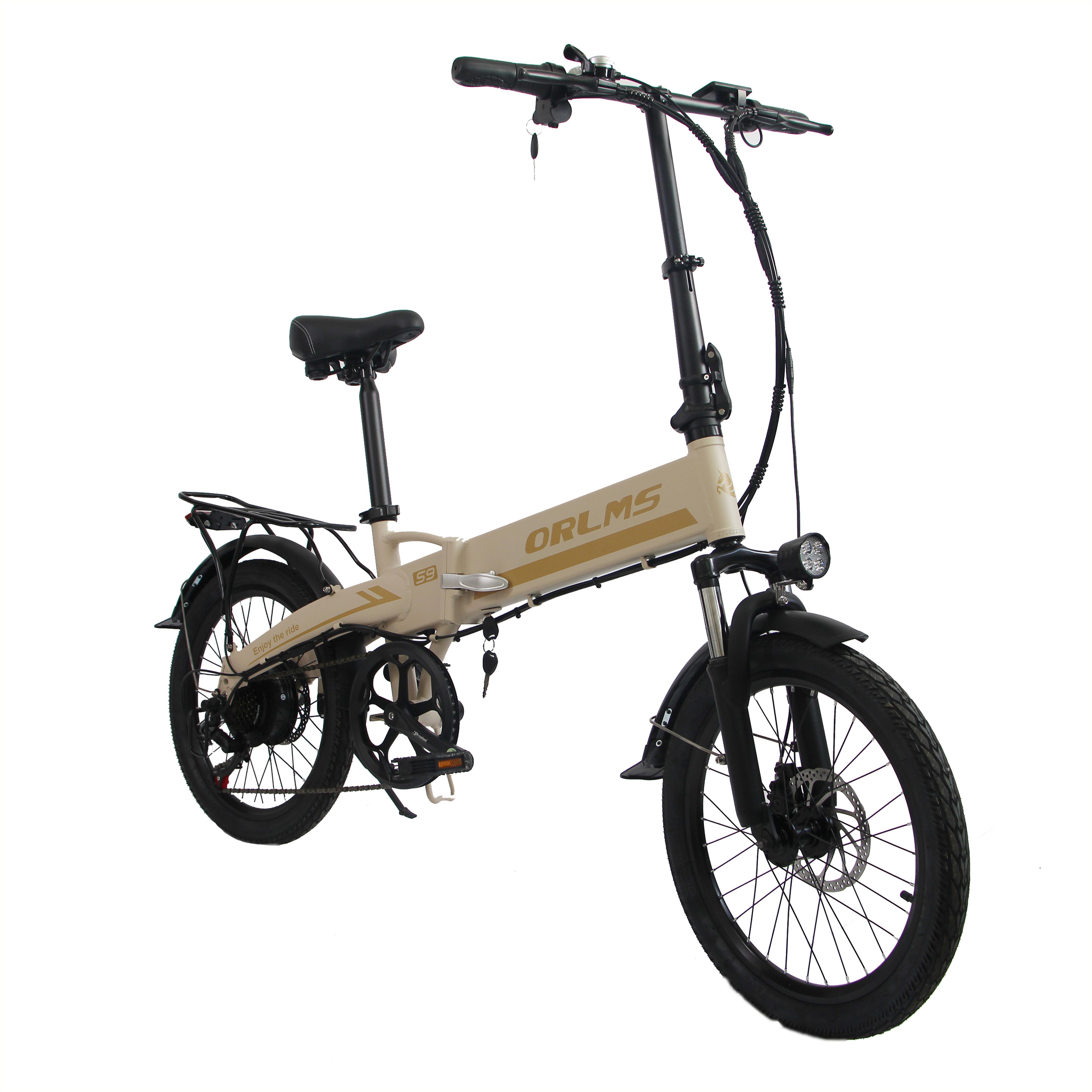 Opvouwbare e-bike, beige-zwart. ORLMS S9-opschrift. Bagagedrager, spatborden, zadel. 20-inch wielen. Zijaanzicht.