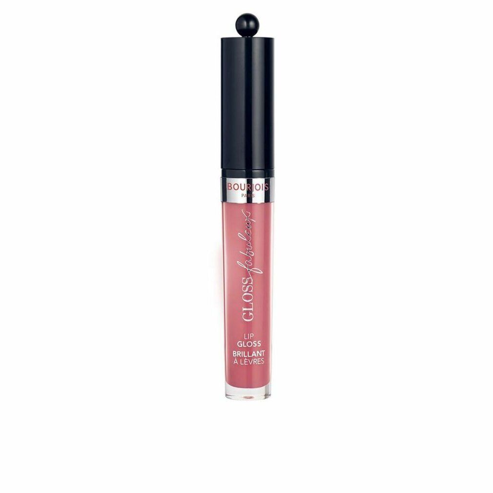 Bourjois lipgloss. Roze tint. Zwarte dop met bol. Opschrift 'Gloss Fabuleux'.