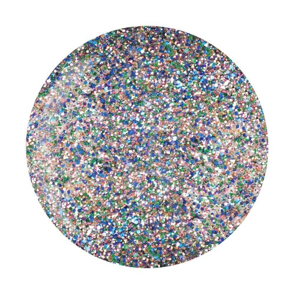 Test de vernis à ongles rond avec paillettes bleues, vertes et argentées. Sur fond blanc.