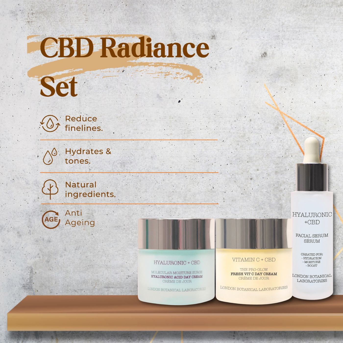 Ensemble de soins du visage sur une étagère. Contient trois produits : deux crèmes et un sérum. Texte : CBD Radiance Set, London Botanical Laboratories.