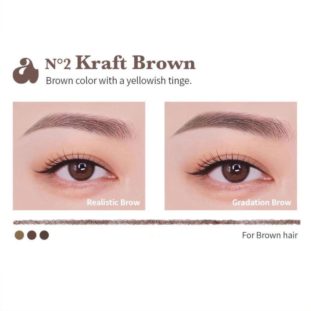 Exemple d'un crayon à sourcils. Deux yeux montrent différents looks de sourcils. Teinte : Kraft Brown. Texte : « For Brown hair ».