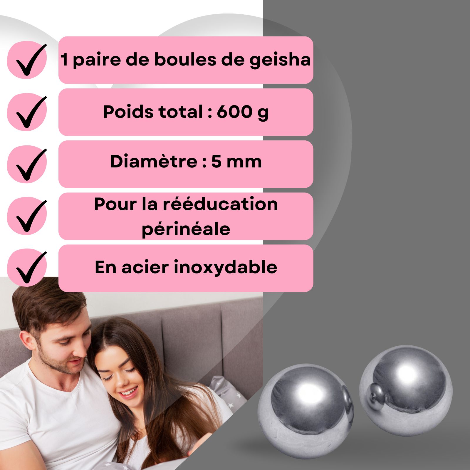 Deux boules métalliques à côté du texte. Texte : 1 paire, 600g, diamètre 5mm, acier inoxydable.