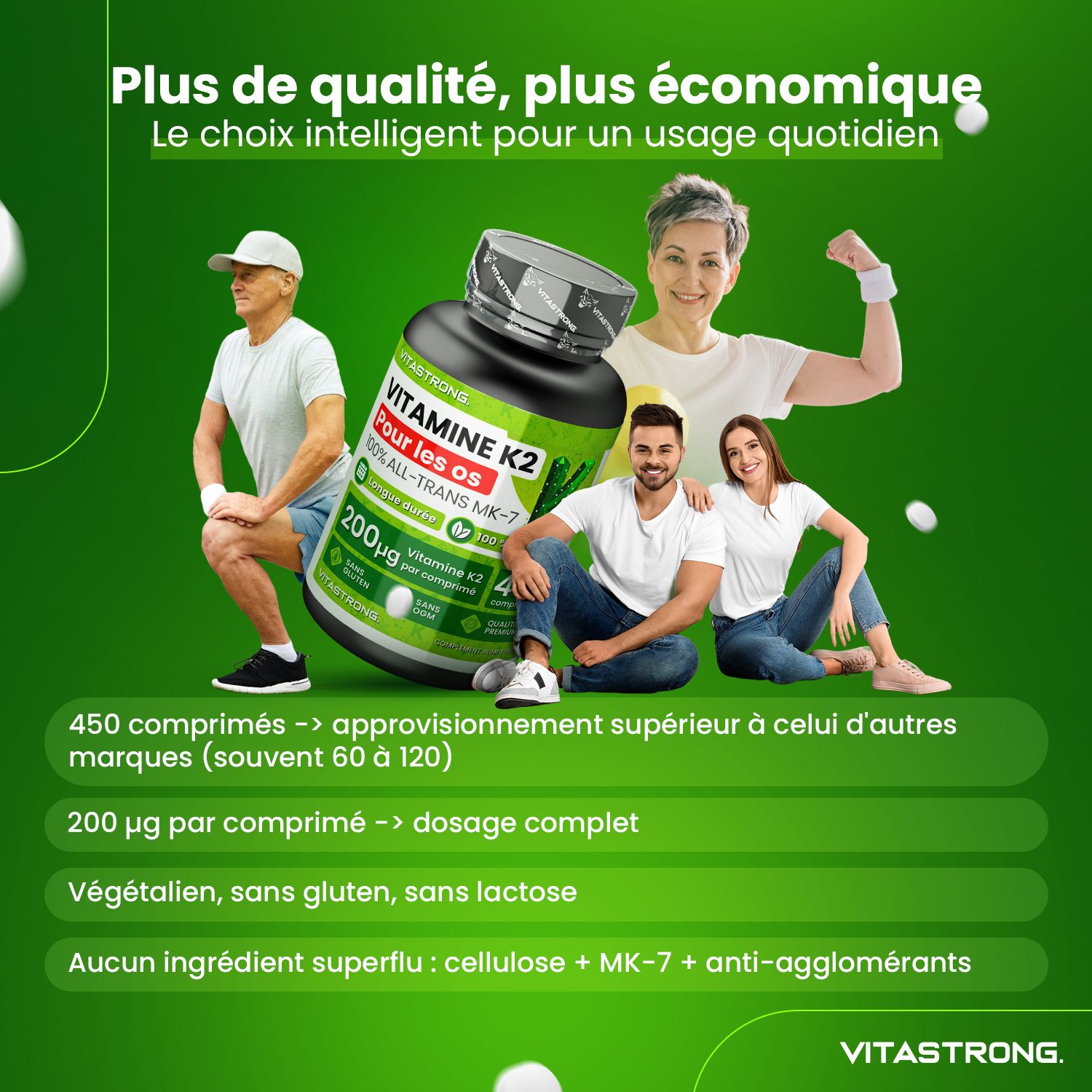 Groep mensen met fles vitamine K2. 450 tabletten, 200µg. Vegan, glutenvrij, lactosevrij.