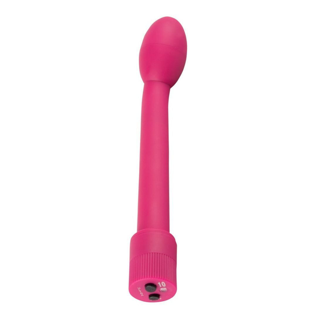 Vibrateur rose avec tête ovale, tige incurvée et base cannelée. Deux boutons et le chiffre 10.
