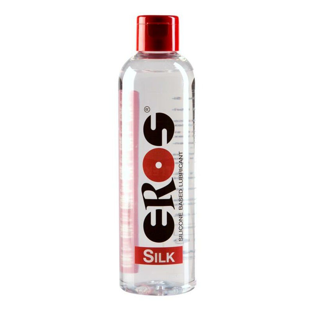 Transparante fles met rode dop. Opschrift: EROS SILK. Siliconen glijmiddel.