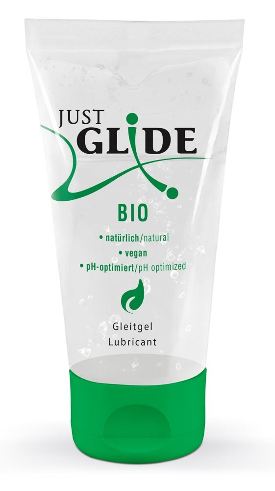 Tube de lubrifiant avec bouchon vert. Inscription : Just Glide Bio. Végétalien et pH optimisé. Lubrifiant médical.