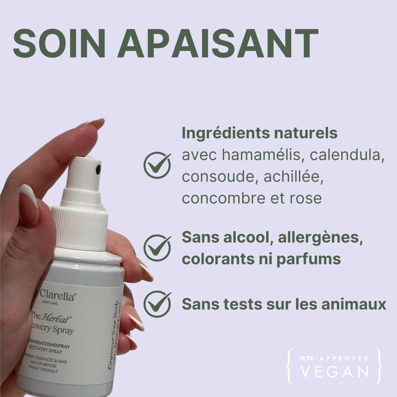 Flacon spray. Contient hamamélis, calendula, consoude, achillée, concombre et rose. Sans alcool, allergènes, colorants ni parfums. Vegan.