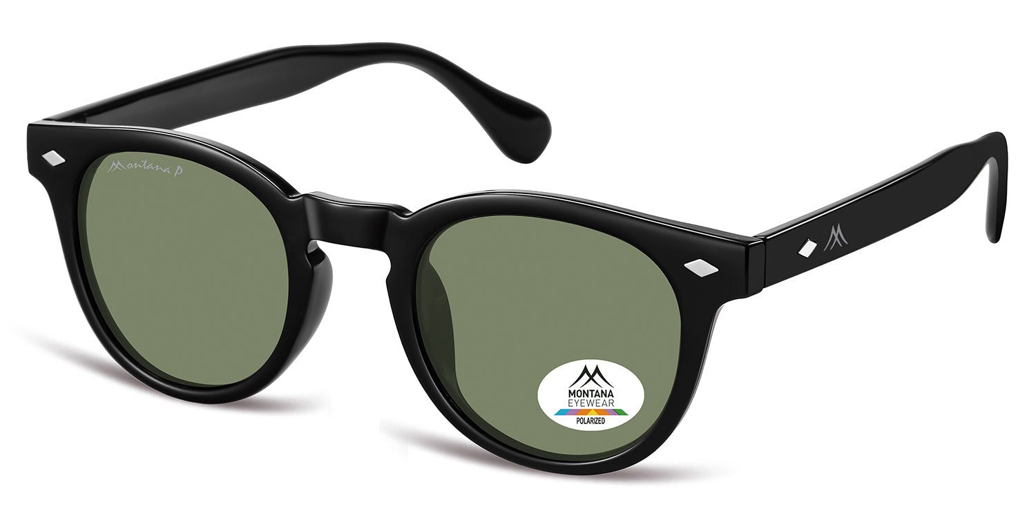 Lunettes de soleil noires, vue latérale. Verres ronds, logo Montana Eyewear sur la branche. Verres polarisés.
