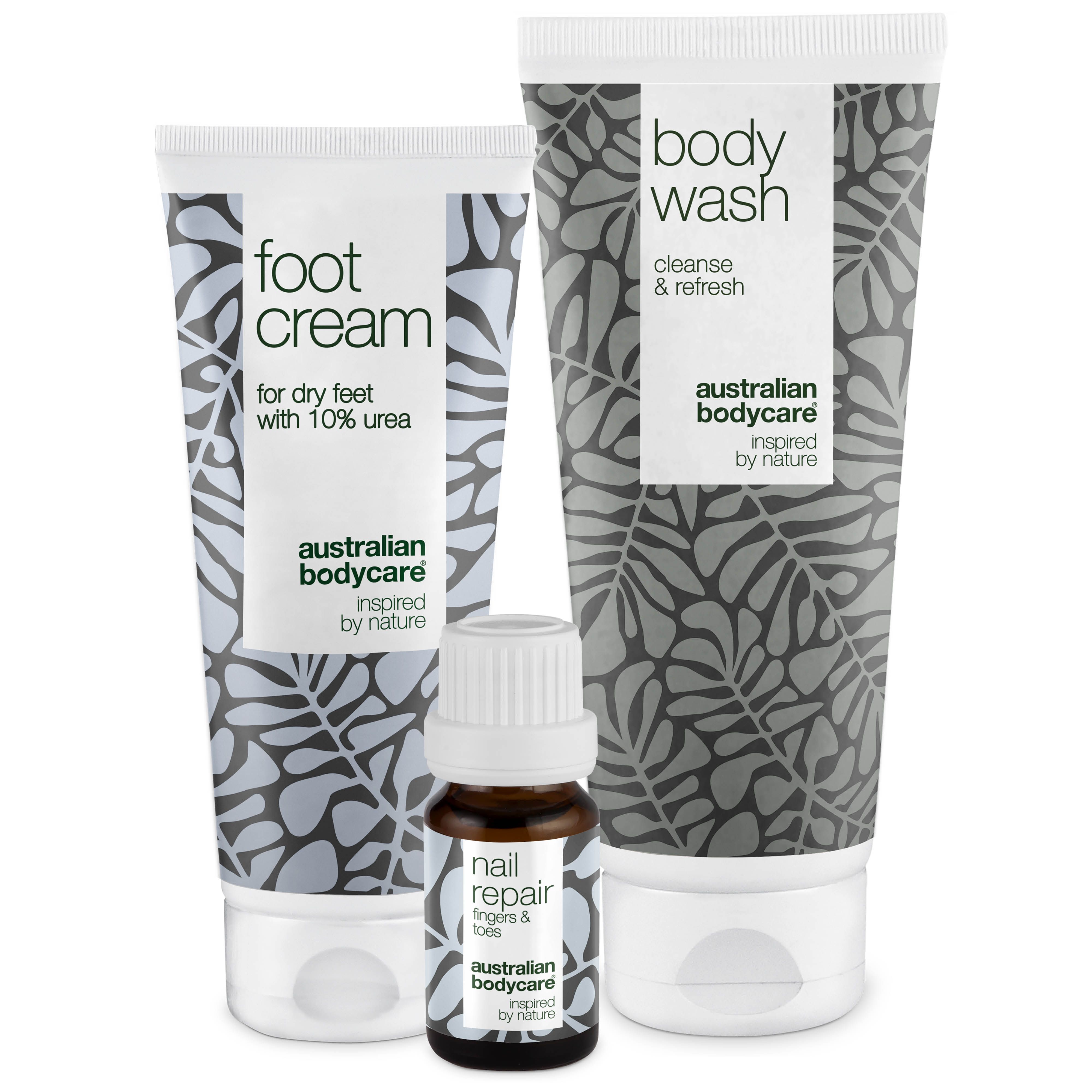 Crème pour les pieds, gel douche et huile réparatrice pour les ongles. Tubes blancs à motifs gris. Australian Bodycare.