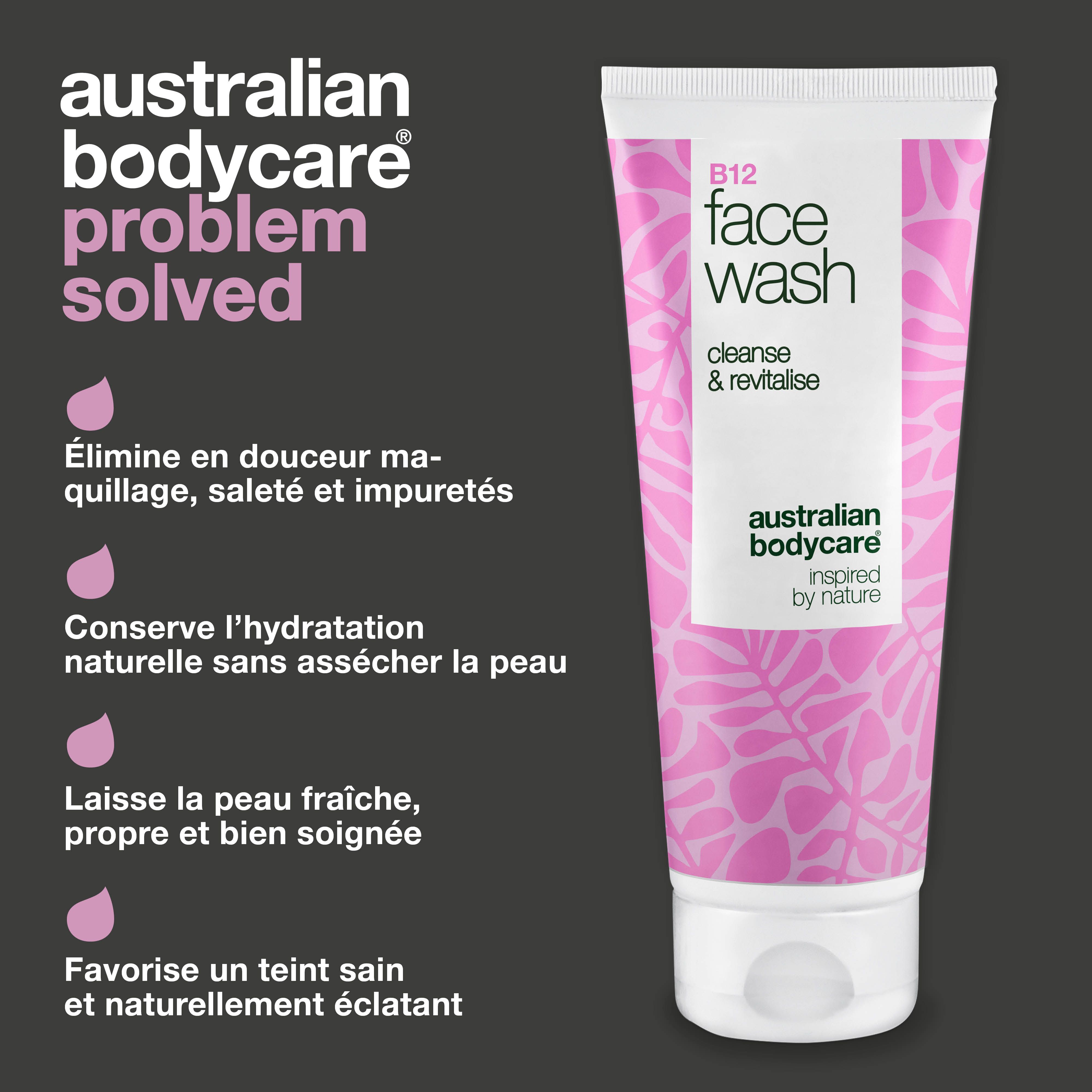 Tube de nettoyant visage avec texte. Inscription : B12 Face Wash, cleanse & revitalise, Australian Bodycare. Texte sur les avantages.