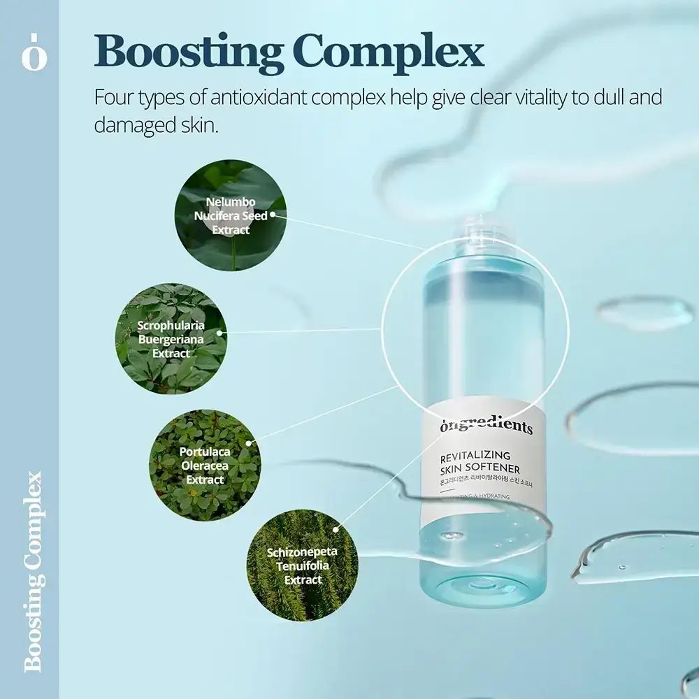 Productfles met tekst en afbeeldingen. Tekst: Ongredients, Revitalizing Skin Softener. Afbeeldingen van planten en waterdruppels.
