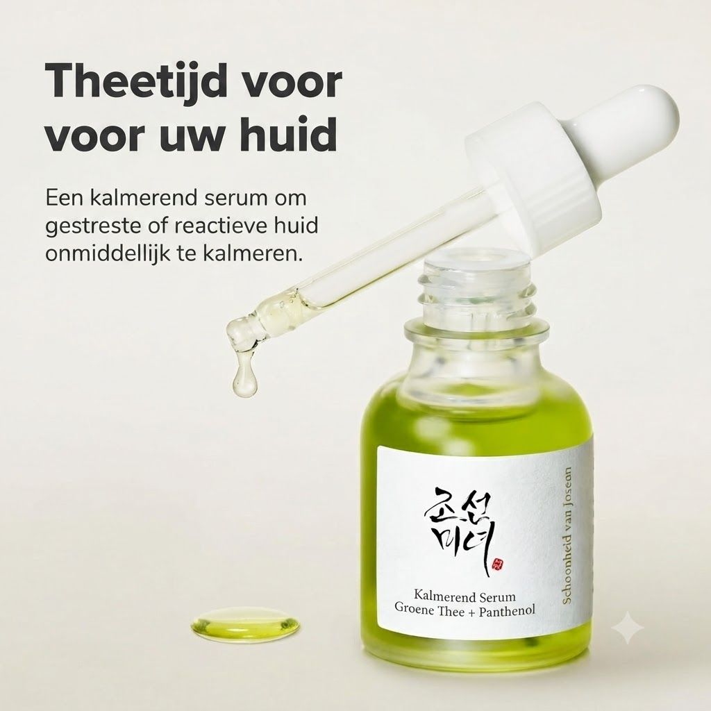 Groen serum in glazen fles met druppelaar die een druppel afgeeft. Etiket met Koreaanse tekst en "Kalmerend Serum Groene Thee + Panthenol".