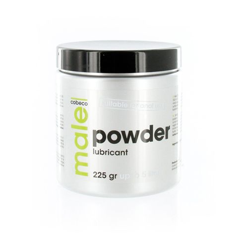 Cobeco Male Powder glijmiddel in zilverkleurige pot met zwarte deksel. 225g.