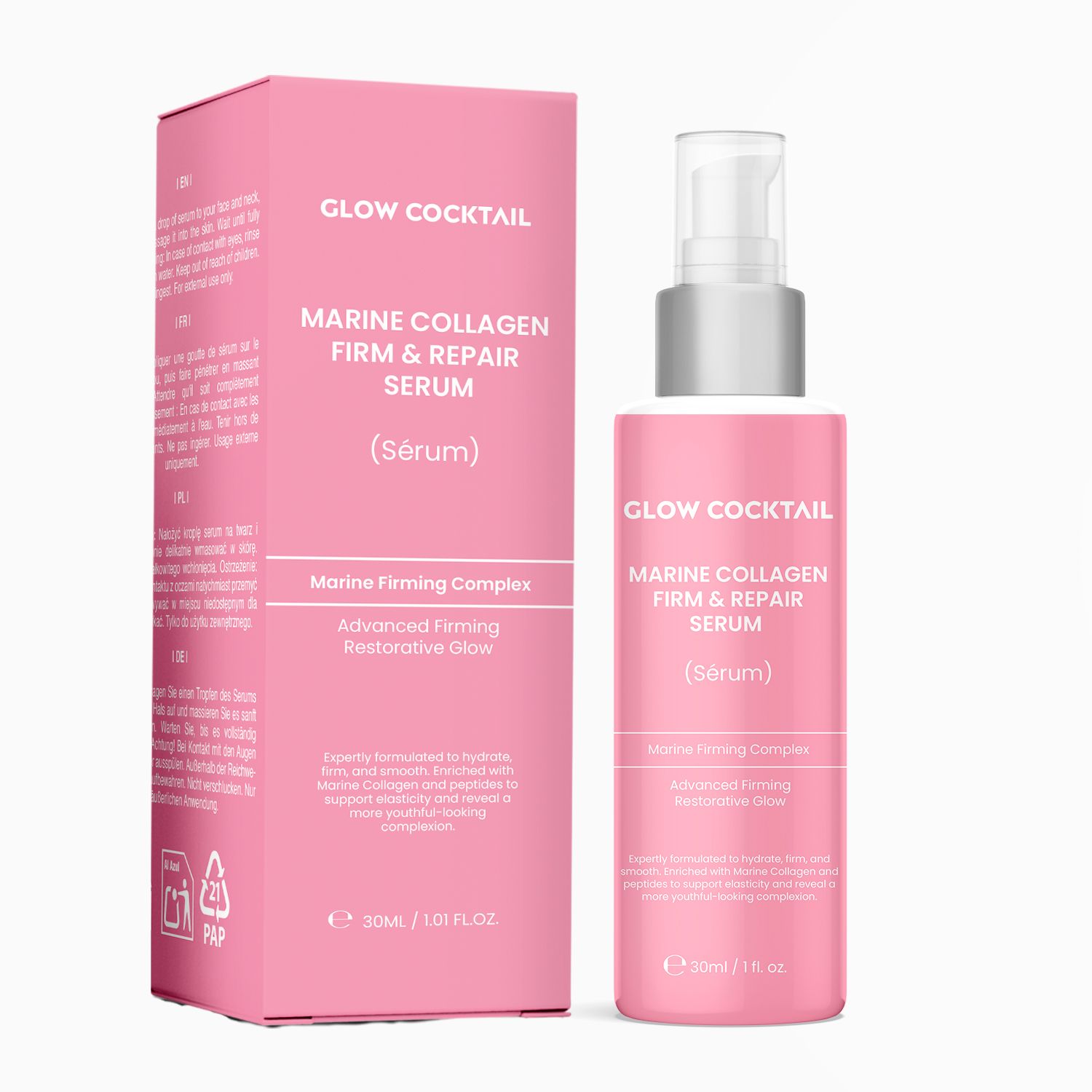 Sérum Glow Cocktail Marine Collagen et son emballage rose.