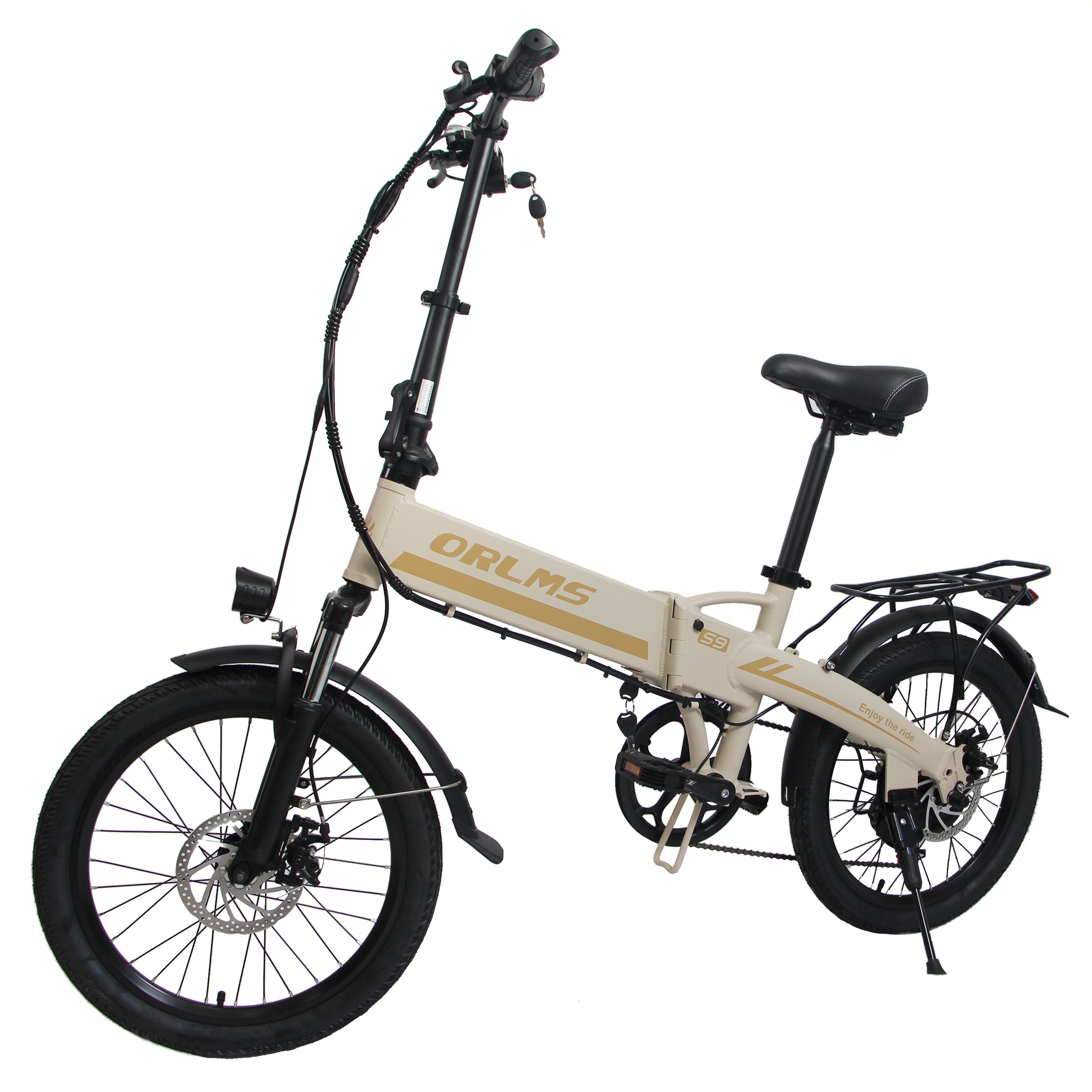 Opvouwbare e-bike, beige-zwart. ORLMS S9-opschrift. Bagagedrager, spatborden, zadel. 20-inch wielen. Zijaanzicht.