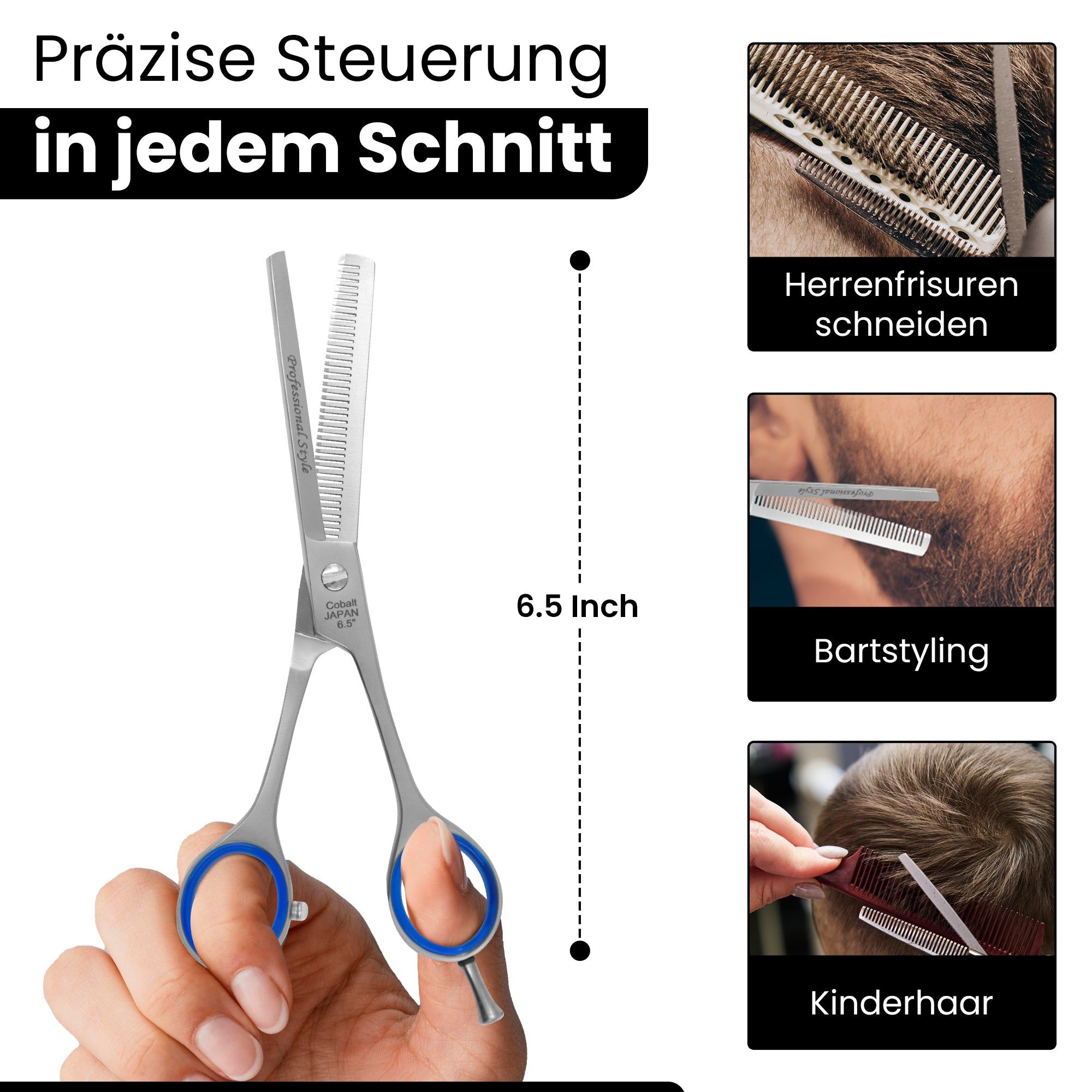 Effileerschaar, 6,5 inch. Blauwe ringen. Tekst: Cobalt Japan 6.5. Precieze controle bij elke snede. Gebruiksvoorbeelden.