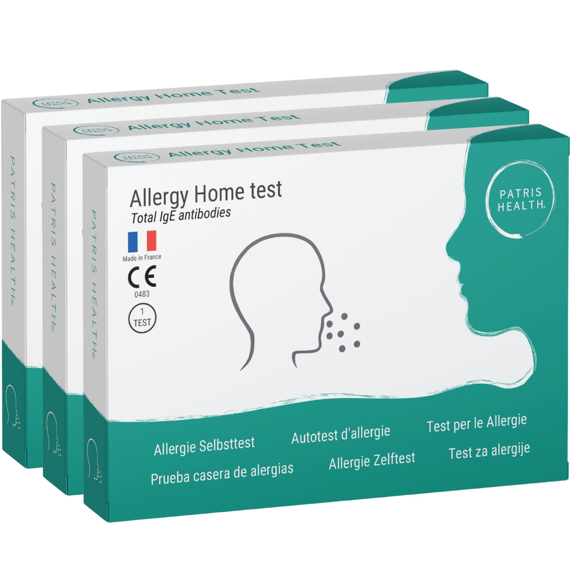 Trois boîtes de test d'allergie. Boîtes blanches avec informations sur le produit et logo.