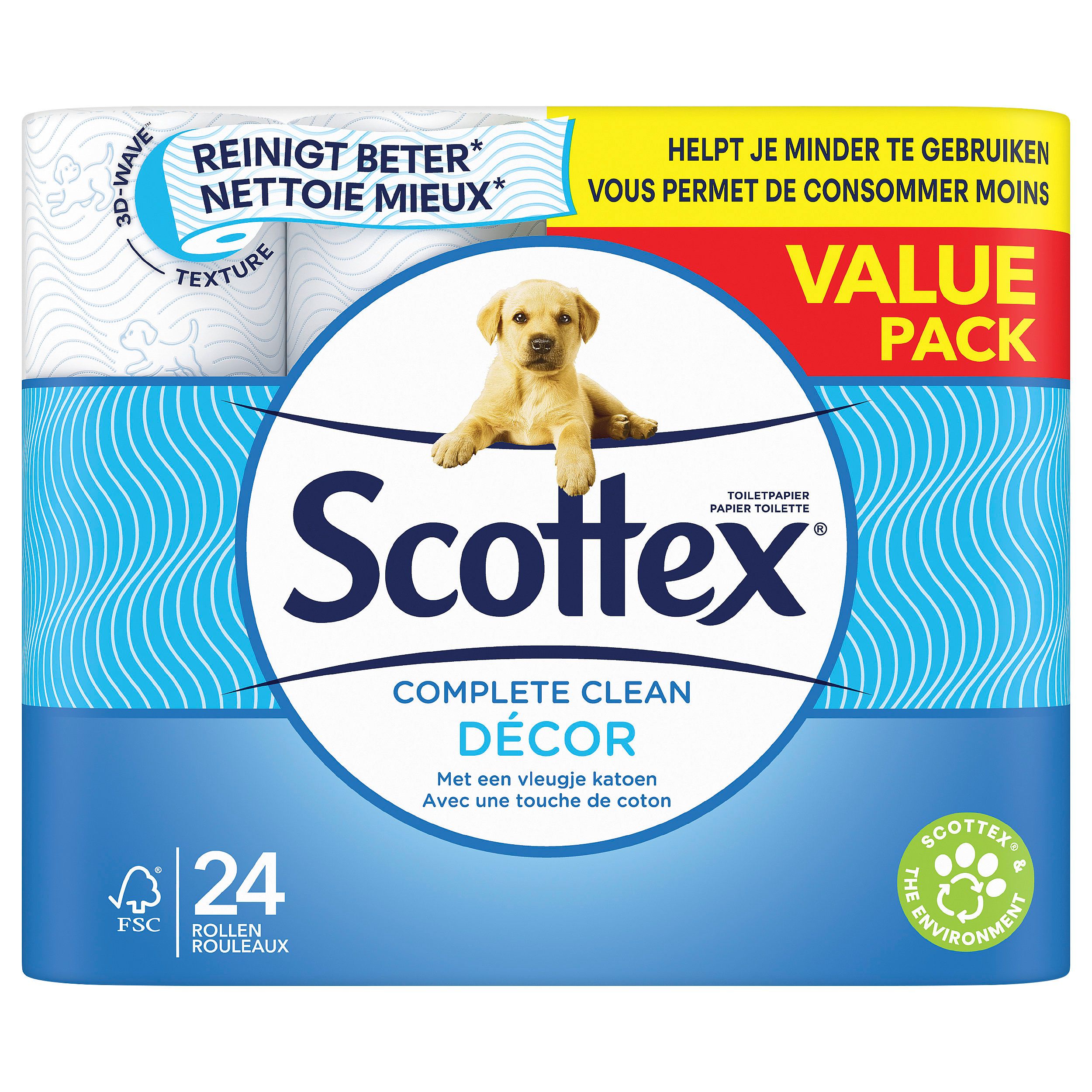 Paquet de 24 rouleaux de papier toilette Scottex Décor. Emballage bleu avec logo, chiot et désignation du produit.
