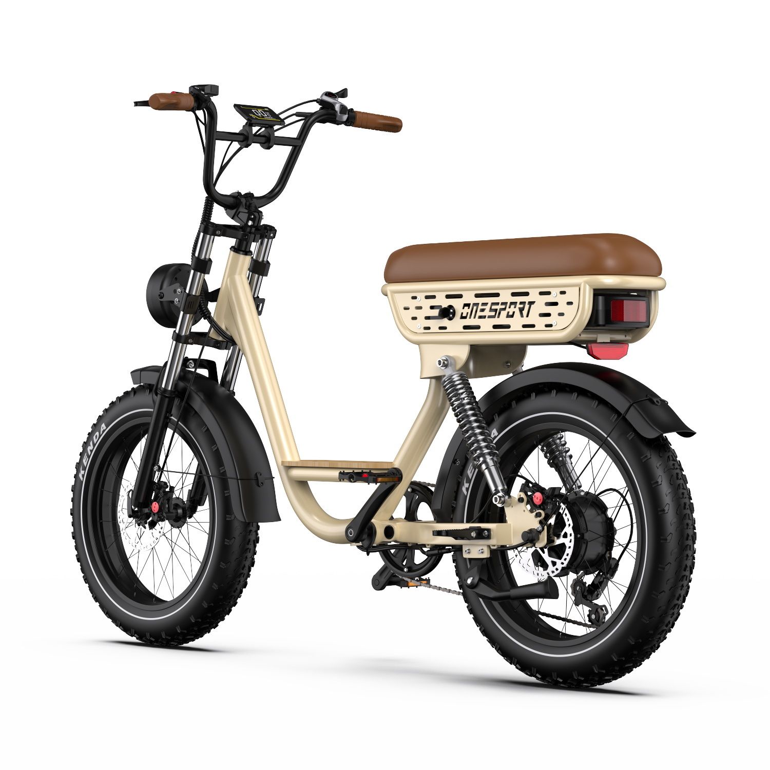 Vélo électrique beige avec selle marron. Pneus, garde-boue et guidon noirs. Vue arrière. Marque : ONESPORT.