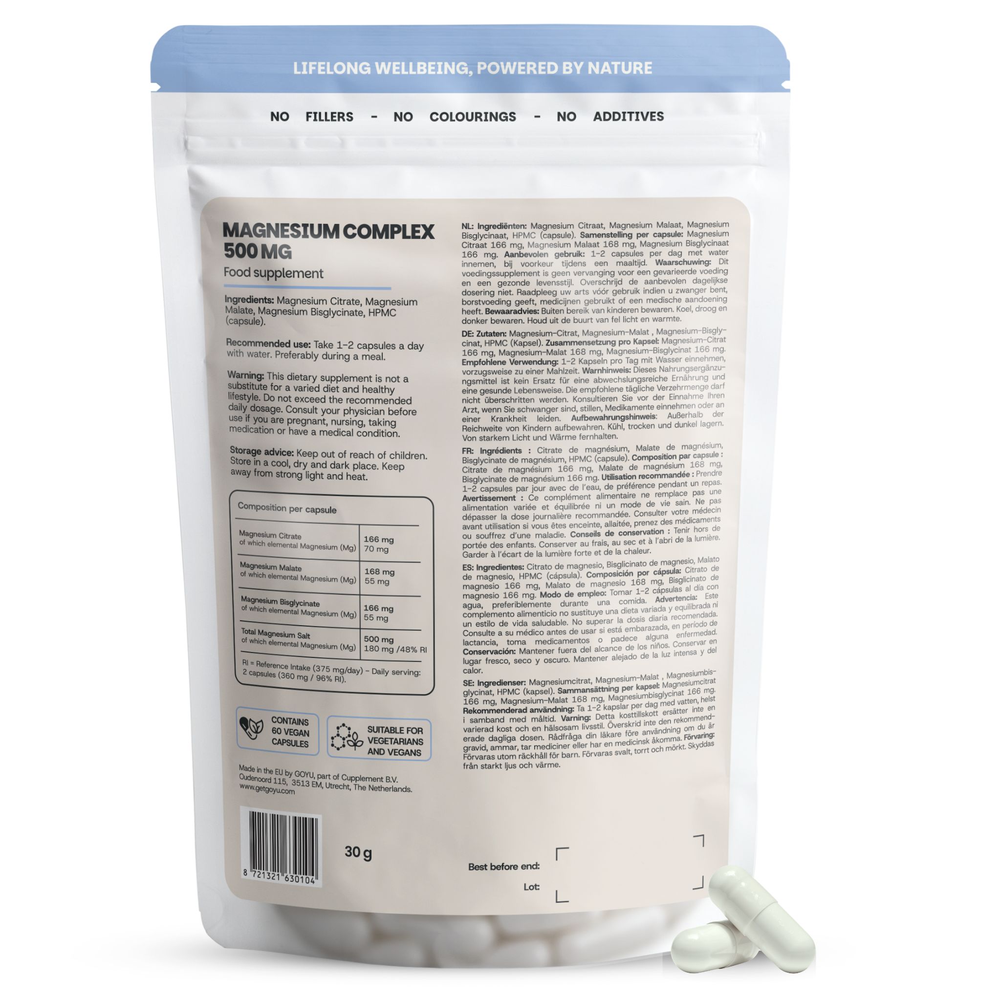 Achterkant van een Magnesium Complex verpakking met voedingswaarde en ingrediënten.