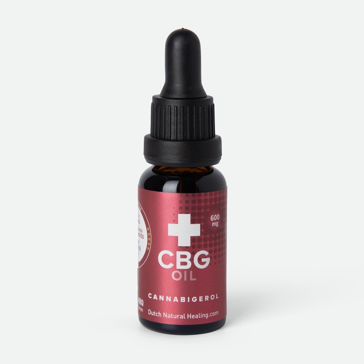 Bruine glazen fles met zwarte druppelaar. Rood etiket met wit kruis en CBG OIL-tekst. Tekst: Cannabigerol, Dutch Natural Healing.