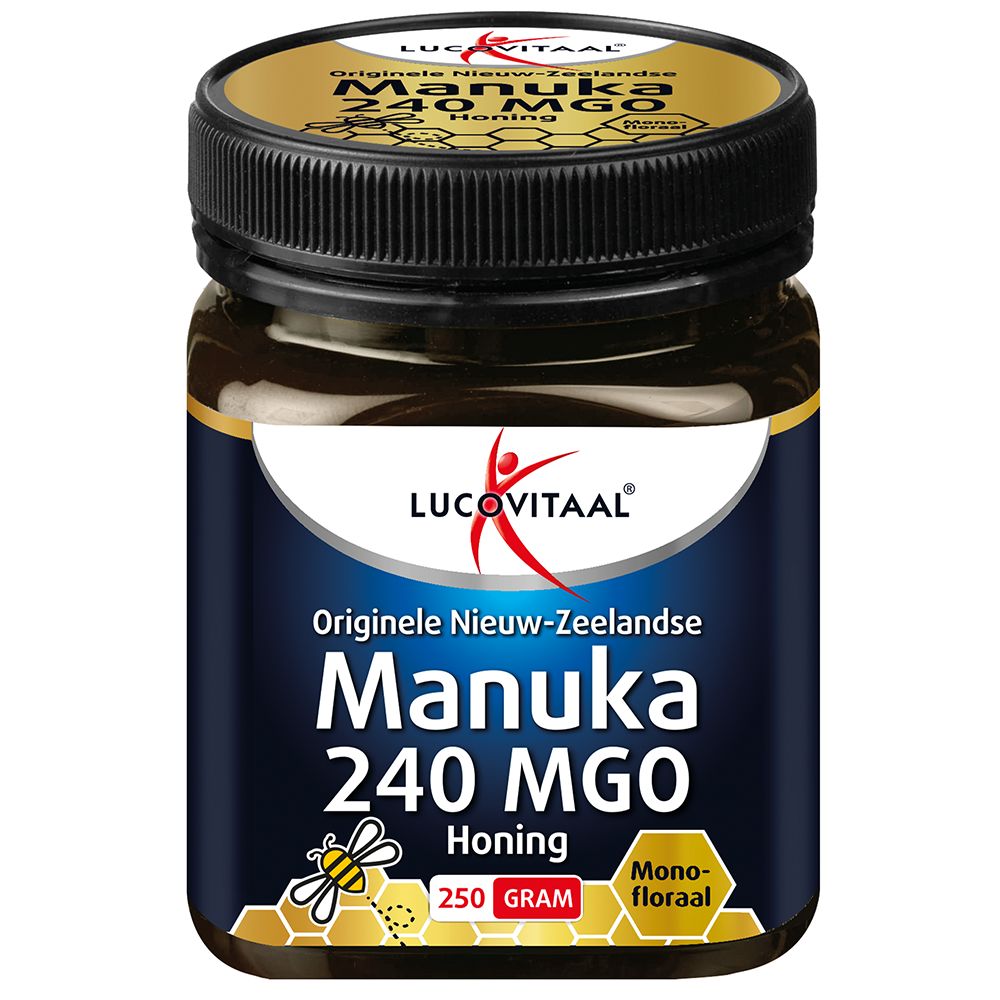 Glazen pot met zwarte deksel. Opschrift: Manuka 240 MGO Honing. Logo: Lucovitaal. Etiket met honingraat.
