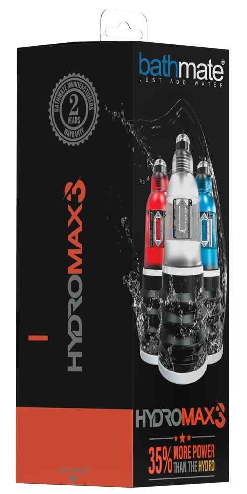 Emballage Bathmate Hydromax3 avec trois pompes en rouge, blanc et bleu.