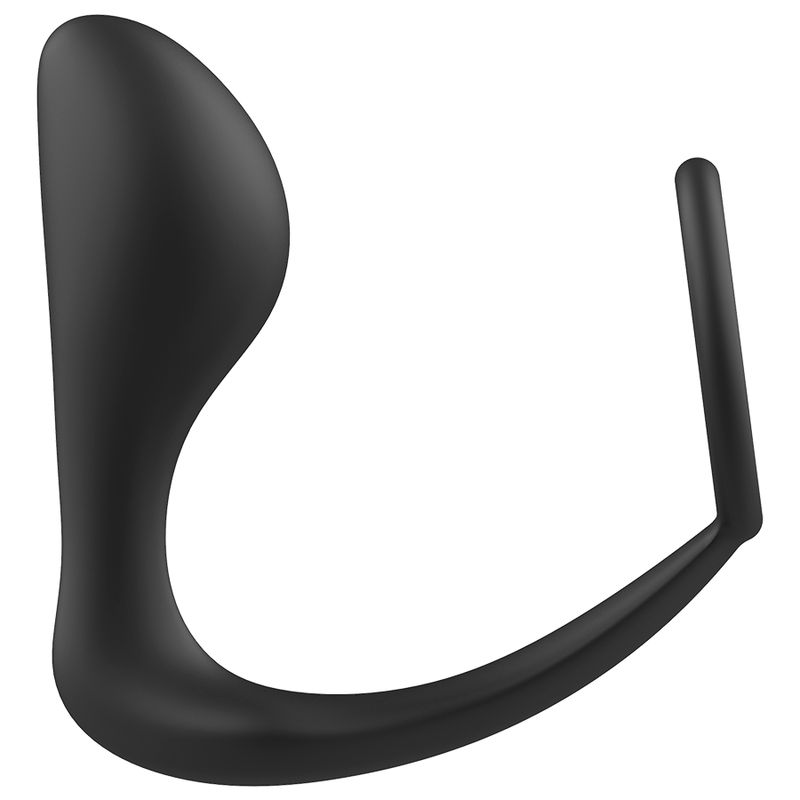 Zwarte anale plug van siliconen met ring. Gebogen vorm met brede basis en ring.