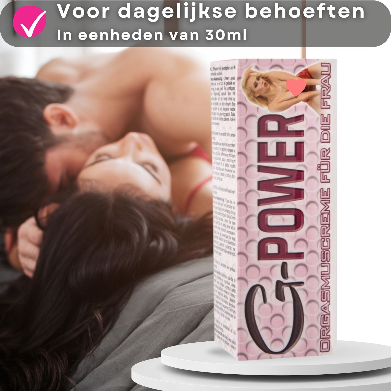 G-POWER crèmetube. Tekst: Orgasme crème voor vrouwen. Roze en witte kleuren. Verpakking met tekst.