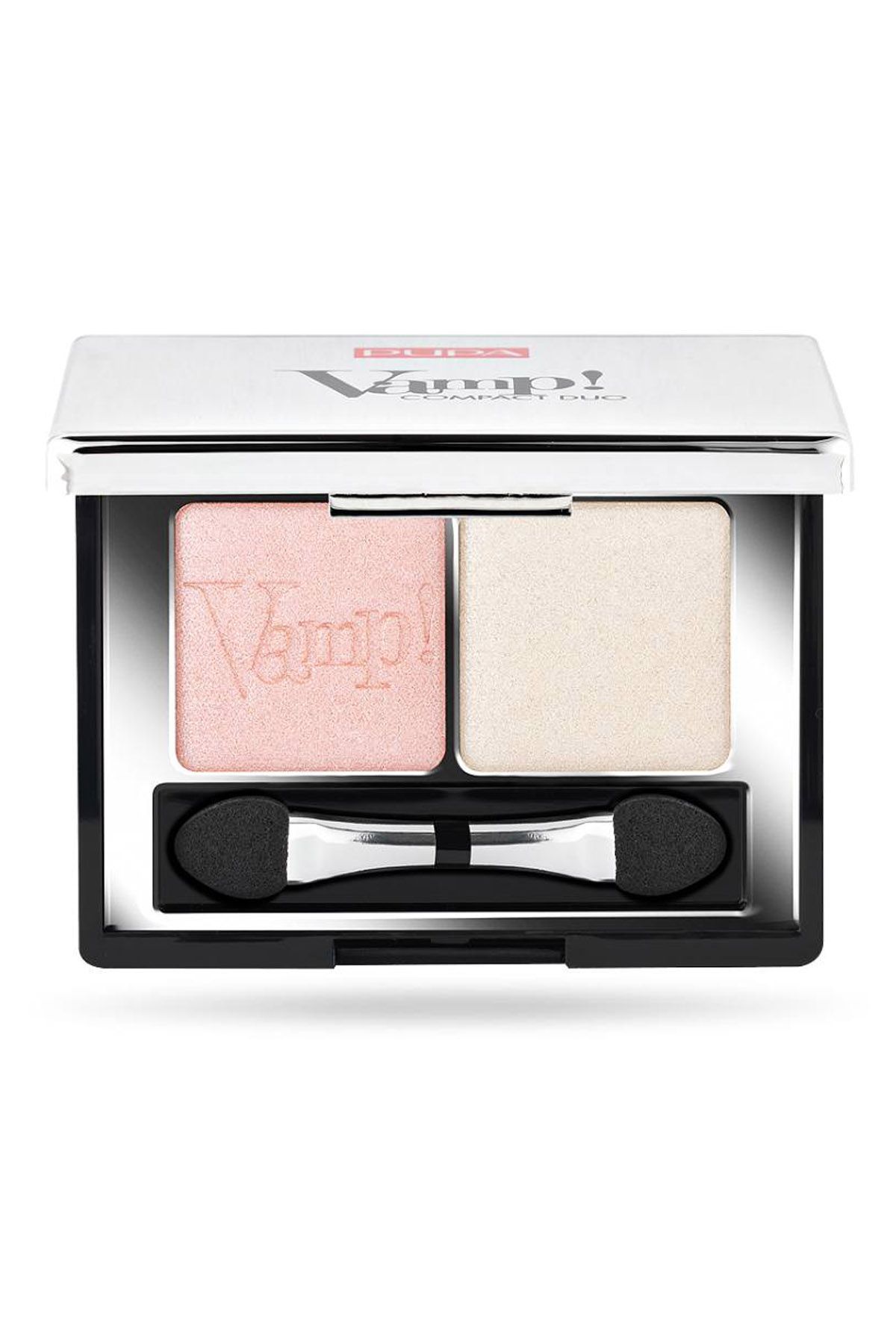Compact oogschaduw duo, roze en champagne tinten. Applicator inbegrepen.