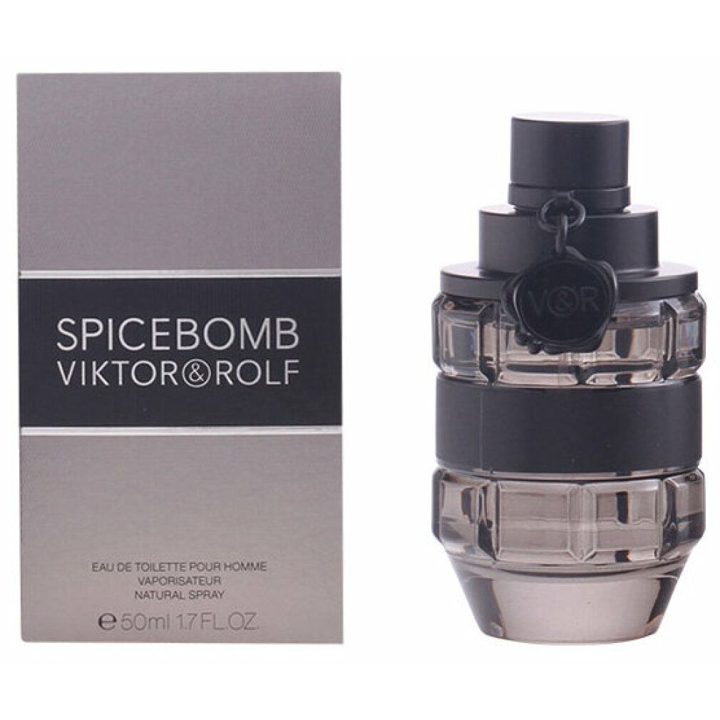 Flacon et emballage SPICEBOMB. Flacon en forme de grenade, noir et transparent. Inscription SPICEBOMB VIKTOR & ROLF.