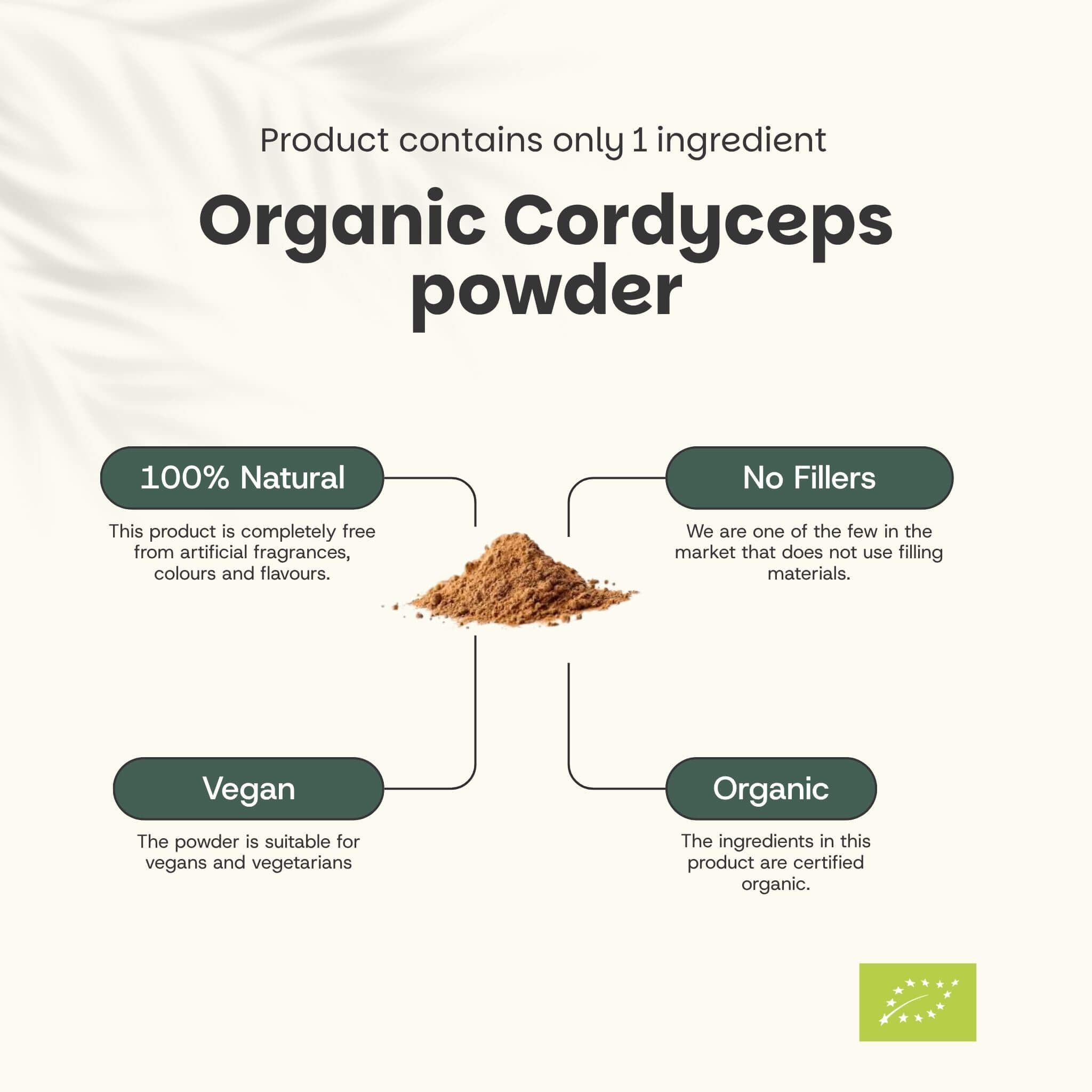 Poudre de Cordyceps bio. Texte : 100% naturel, sans additifs, végétalien, bio. Poudre brune au centre.