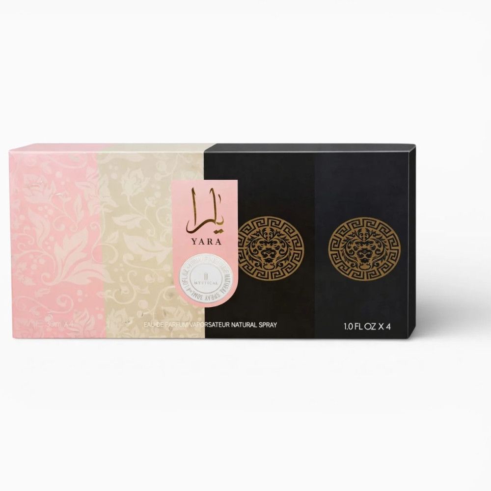 Emballage de quatre parfums. Boîtes roses et noires avec ornements dorés et inscription Yara. 1.0 FL.OZ x 4.