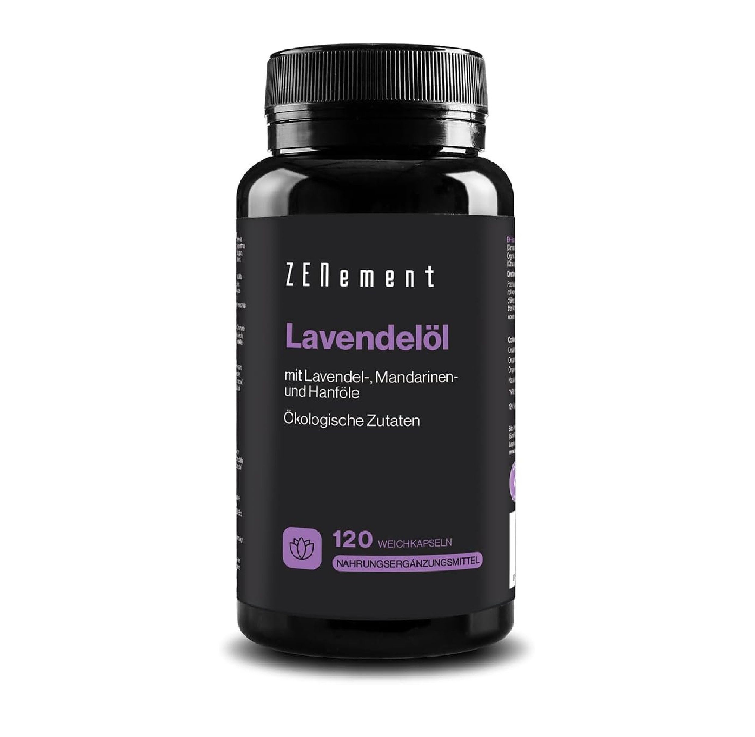 Flacon noir de capsules Zenement Lavendelöl. Texte : "120 gélules molles". Logo violet.