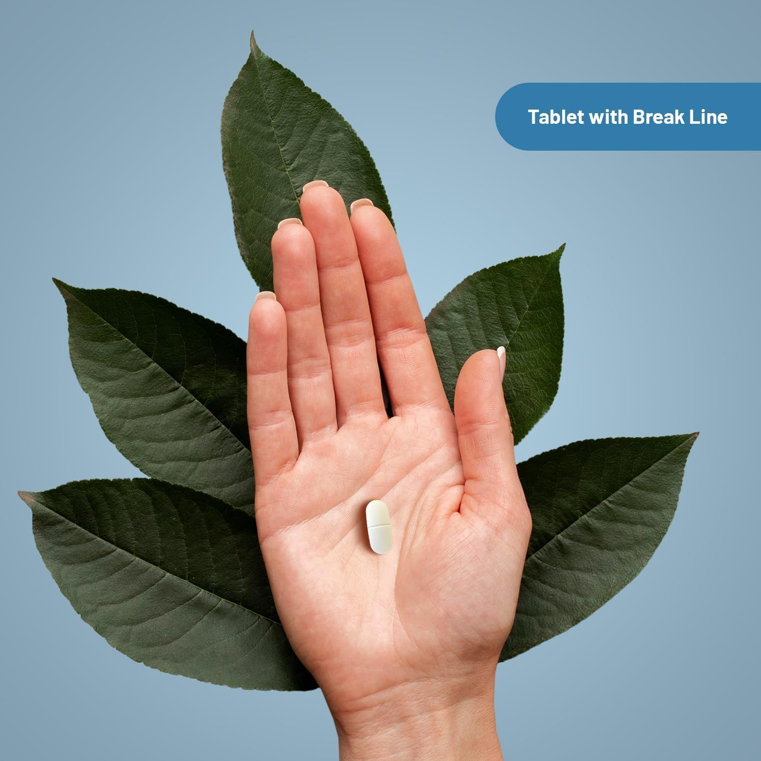 Hand met tablet op groene bladeren. Tablet met breuklijn. Achtergrond: lichtblauw.