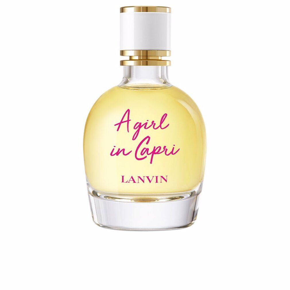 Ronde fles met gele vloeistof. Opschrift: A girl in Capri, LANVIN. Witte dop met gouden ring.