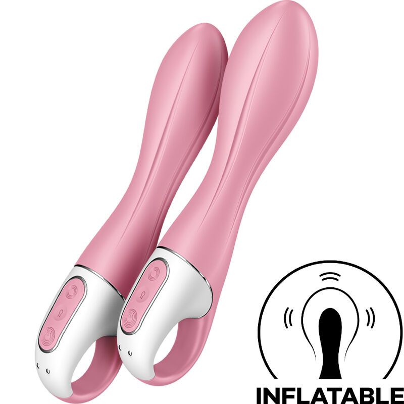 Twee roze vibrators met gebogen vorm, witte accent en symbool voor opblaasbaar.