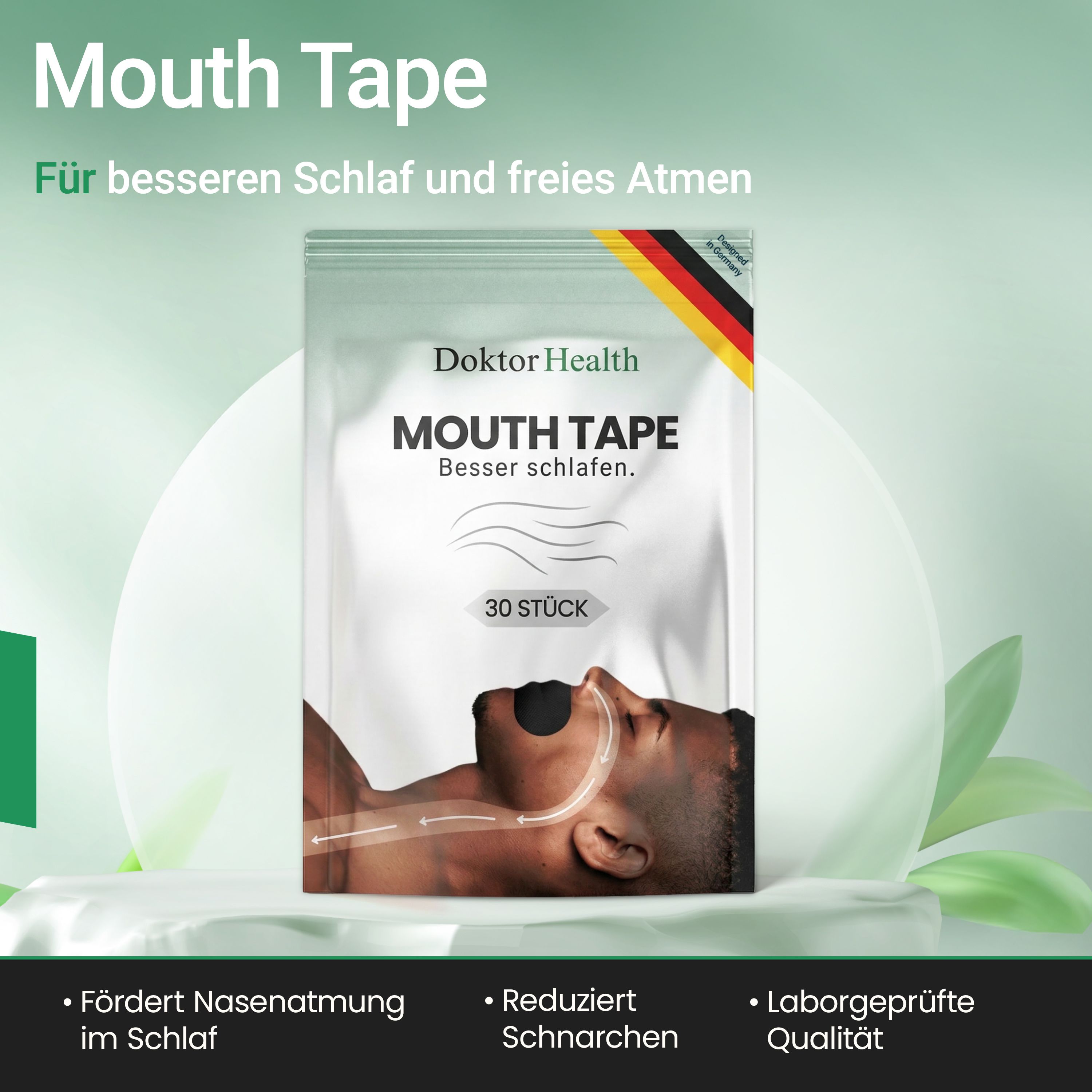 Verpakking van Doktor Health mondpleisters. Bevat 30 stuks. Tekst: Mouth Tape, voor een betere slaap en vrije ademhaling.