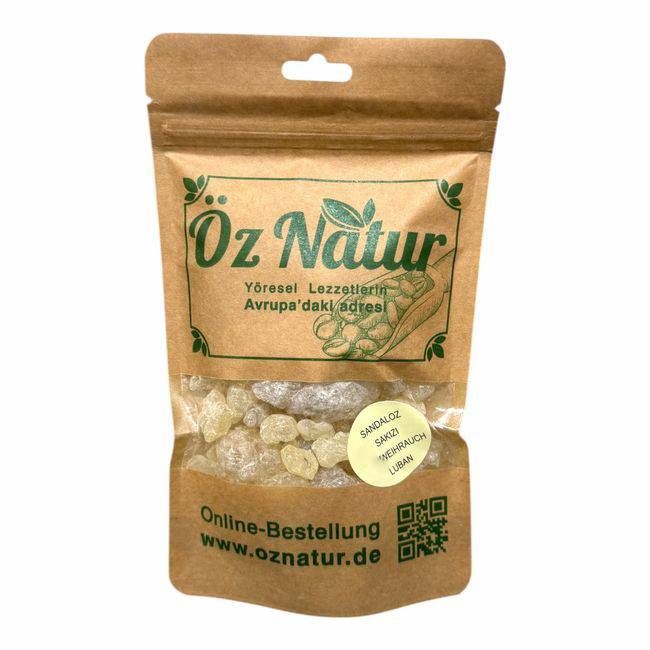 Sachet de résine d'encens. Inscriptions : Öz Natur, Sandaloz, Sakiz, Weihrauch, Luban. Commande en ligne.