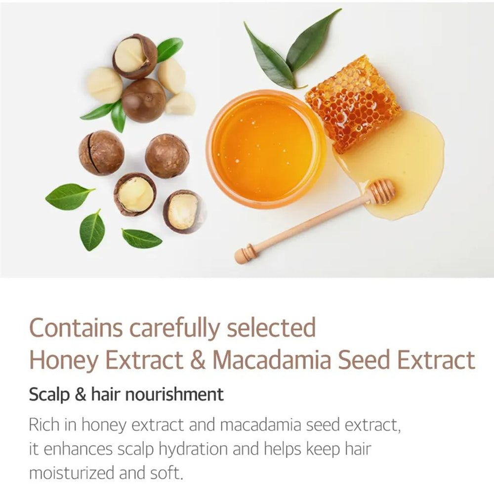 Ingrediënten: macadamianoten, honing in een potje en een stuk honingraat.