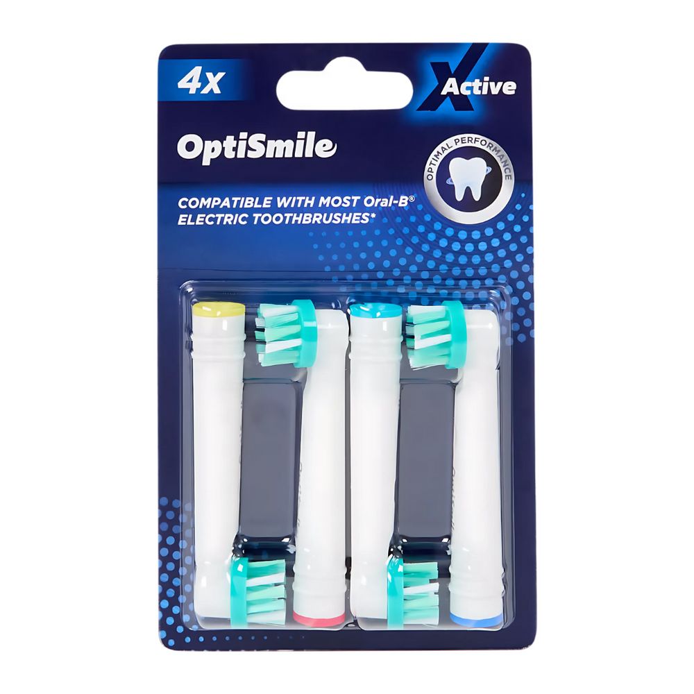 Blister de 4 têtes de brosse OptiSmile X Active. Compatibles Oral-B. Soies bleues, vertes, rouges et jaunes.