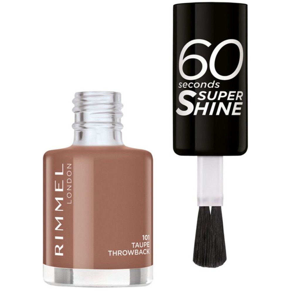 Nagellakfles met borstel. Kleur: taupe. Opschrift: Rimmel London, 60 Seconds Super Shine.