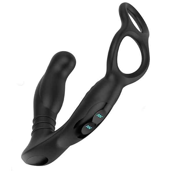 Produit de bien-être noir avec deux boutons et deux anneaux. Symboles d'ondes sur les boutons. Forme incurvée.