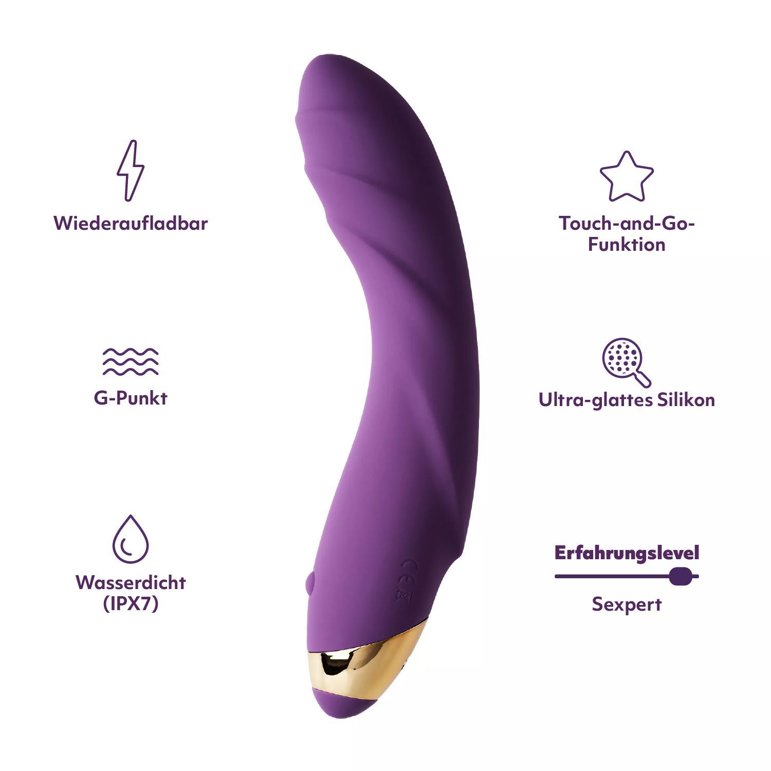 Vibrateur violet avec accent doré, avec icônes pour Rechargeable, Point G, Étanche (IPX7), Touch-and-Go, Silicone.