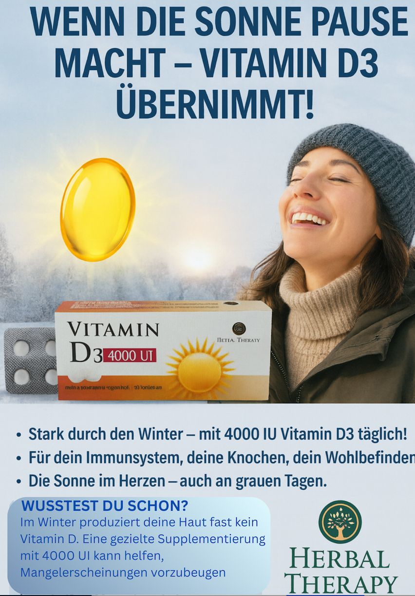 Reclamebeeld met vrouw, verpakking van vitamine D3 4000 IE en capsule. Tekst: Vitamine D3 4000 UI, Herbal Therapy. Sterk door de winter.